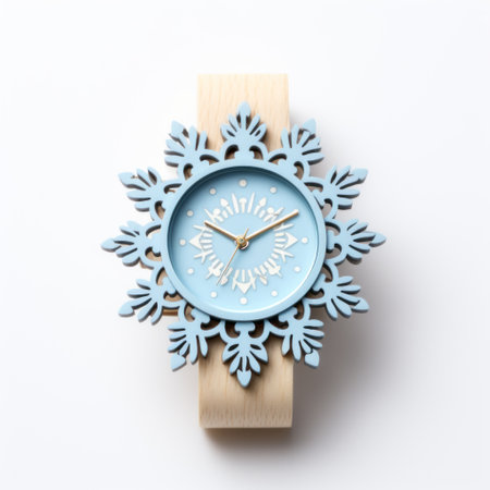 a photo of an ivy blue wooden and stag ornament watch is showcased. the watch features a light sky-blue and aquamarine color scheme, with graphic symmetry and rococo-inspired details. the mass-produced object embodies elements of neue sachlichkeit and minimalistic design, while also incorporating snow scenes. ai generatedの素材