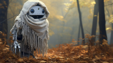 an old robot, reminiscent of rtx and ghostly presence, sits in the woods on a blanket, its shoulders covered. with a touch of weathercore and the vintage charm of konica auto s3, this robot captures the essence of robotics kids. the image, rendered with vray, exudes a surprisingly absurd yet captivating vibe. ai generatedの素材