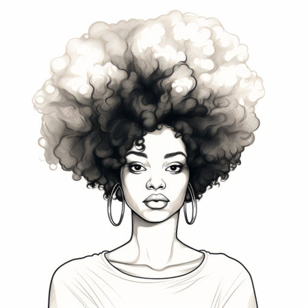 the black woman showcases a stunning coiled afro hairstyle, reminiscent of monochromatic ink washes. against a white background, the digital airbrushing technique highlights the light gray and light black tones, creating a captivating comic art aesthetic. this pop-culture-infused image celebrates the beauty of natural hair. ai generatedの素材