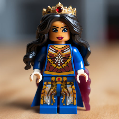 wonder woman lego figurine, inspired by sultan mohammed's style, captured in a photo using a nikon d750. the image showcases a blend of northern renaissance and northern and southern dynasties influences. the figurine's shiny eyes, adorned with light brown and indigo colors, evoke a sense of intrigue and mystique. alice rahon's artistic touch adds an extra layer of creativity to this captivating composition. ai generatedの素材