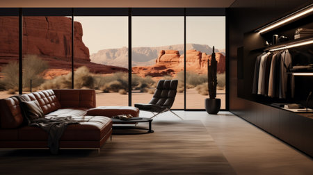 a medium close-up shot of a wet and dry between the walk-in closet and the landscaping creates a minimalist design in a monochrome scheme. the photo also captures the vast desert view outside, merging the elements of interior and exterior seamlessly. ai generatedの素材