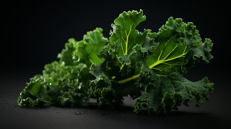 kale, a nutritious and healthy food, is showcased in this photo with a black background. the image, captured using the tokina at-x 11-16mm f2.8 pro dx ii lens, features smooth lines and realistic textures. with precisionist lines and a uhd resolution, this photo beautifully highlights the natural beauty of kale. ai generatedの素材