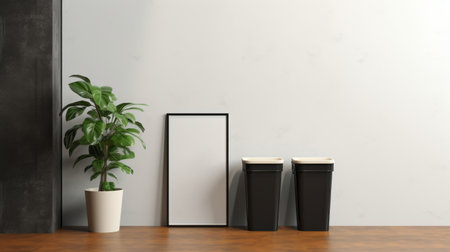 a waste basket with a can, frame, plant, and vase is featured as a wall design in a living room. the style of the design is reminiscent of urban signage, with elements of photorealistic pastiche, catcore, chuah thean teng, minimalist purity, and captured using a canon 7 camera by collin elder. ai generatedの素材