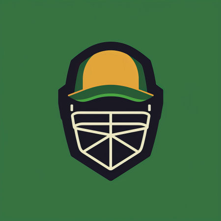 a green helmet with a cricket ball icon is featured in this vintage poster-style design. the helmet is depicted in dark gold and dark beige tones, while the background showcases arched doorways. the overall design has a caricature-like appearance with strong use of negative space. light yellow and dark white hues add depth to this editorial illustration. ai generatedの素材