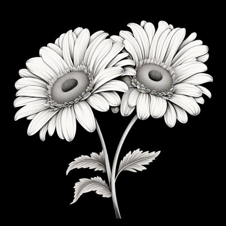 a vector illustration of flowers with leaves drawn in black ink, showcasing illusory hyperrealism. the style combines elements of humorous caricature and dark white and light white tones. the bold chiaroscuro contrast adds depth to the composition, reminiscent of mughal art. the artwork is two-dimensional and features a symmetrical arrangement. ai generatedの素材