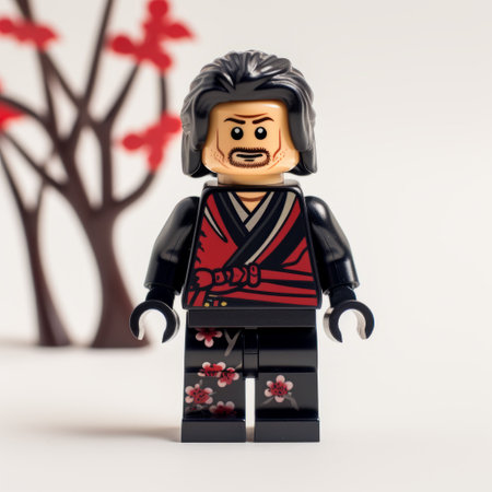 japanese lego minifigure, styled in crimson and black, stands next to a small tree. the epic portraiture captures the essence of the figure, reminiscent of pierce brosnan. the minifigure dons an elaborate kimono, exuding elegance. despite the low resolution, the image showcases the strong facial expression, reminiscent of valentine hugo's art. ai generatedの素材