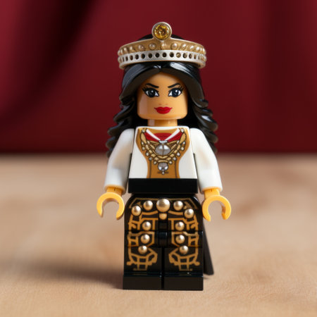 a jojo's kingdom lego minifigure is depicted in the style of contemporary middle eastern and north african art. the minifigure showcases blink-and-you-miss-it detail, with a dark white and gold color scheme. captured using a canon eos 5d mark iv, the photo highlights the exquisite clothing detail. the minifigure is portrayed in western-style portraits, adding a unique touch to the image. this photo is brought toの素材