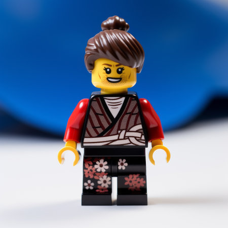 a lego figure depicting a stunning woman adorned with a gold necklace and boots, dressed in an intricate kimono-style outfit. captured using the sony fe 85mm f/1.4 gm lens, the image showcases a combination of dark sky-blue and light red hues, with uneven textures. enhanced digitally, the black-and-white graphic adds a unique touch to the overall composition. ai generatedの素材