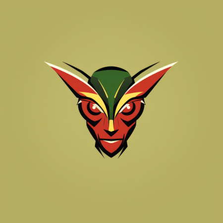 greek themed mobile mascot logo featuring a dark red and green color scheme. inspired by papua new guinea art, the design incorporates elements of superheroes and insects. the mascot has expressive facial features and a minimalistic geometric style, with influences from the art of the congo. ai generatedの素材