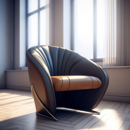 a luxurious leather sitting chair in the interior, showcasing the art deco futurism style. the chair features a stunning combination of light indigo and dark amber hues, enhanced by the use of octane render. designed by olivier ledroit, the chair is beautifully accentuated by sunrays shining upon it, highlighting its metallic finishes. a masterpiece captured by gediminas pranckevicius. ai generatedの素材