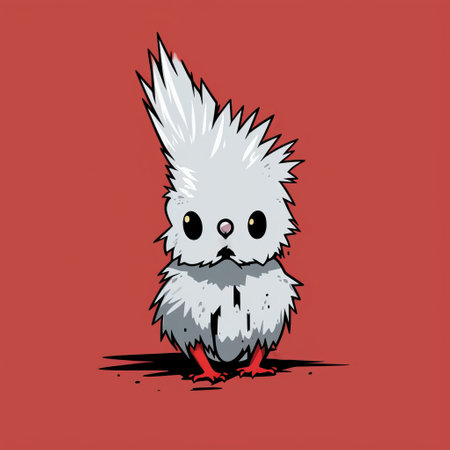 a chicken with a large beak sits on a red background, resembling charming anime characters. the artwork is inspired by anton semenov's style, featuring spiky mounds. the kawaii art showcases a combination of white and gray colors, with a low resolution that adds a unique touch. the composition also makes strong use of negative space. ai generatedの素材