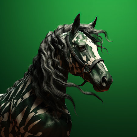 a big white horse with black stripes, featuring a dark green and bronze color scheme, is depicted in this generative art piece. created using vray tracing and made of plastic, the horse showcases a nature-inspired camouflage design. this editorial illustration is available on sketchfab. ai generatedの素材