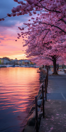 cherry trees stand tall against a breathtaking orange and purple sky, reminiscent of captivating harbor views and the beauty of norwegian nature. the combination of light magenta and light azure hues creates a mesmerizing scene where metropolis meets nature. this nostalgic and captivating image is truly a sight to behold. ai generatedの素材