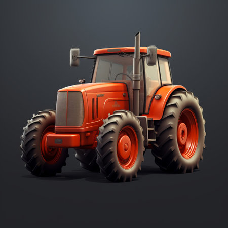 a large orange tractor stands out against a black background in this photo. the meticulous realism style showcases charming character illustrations created using zbrush and windows xp. the subtle shading adds depth to the red and gray colors, resulting in a photo-realistic depiction of the tractor. ai generatedの素材