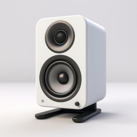 the kso audio k6sh stereo speakers, reviewed by ian white, are showcased in this rendered image created in unreal engine. the design features a simplistic cartoon style with a white color scheme. the image, captured with a sony alpha a1 camera, has a matte finish and was enhanced using octane render by michael malm. ai generatedの素材