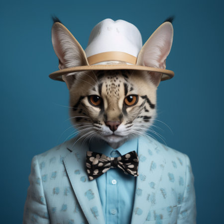 a cat is dressed in a long white vest and hat, showcasing a corporate punk style with light turquoise and gold accents. the portrait captures the essence of western-style aesthetics, featuring bold colors and patterns. the cat exudes an elegantly formal and animalier look, making it undeniably handsome. ai generatedの素材