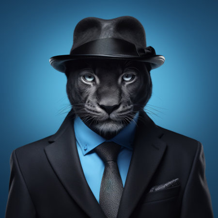 a black leopard wearing a suit and tie, captured in a surreal portraiture style. the image showcases a blend of light black and dark azure tones, creating a visually striking composition. this humorous tableau combines elements of editorial illustrations and digitally manipulated images. the witty and clever cartoon-like portrayal adds depth with hidden meanings. ai generatedの素材