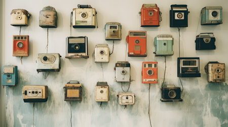 vintage camera phone from the twitti collection, reissued in a unique wall sculpture and installation style. this captivating piece features repetitive rephotography, inspired by pieter hugo and joel robison, showcasing stunning color harmonies. a true masterpiece made of all the elements mentioned above, capturing the essence of creativity and nostalgia. ai generatedの素材