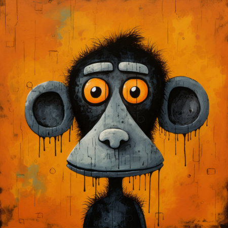a monkey with large eyes and water poured on its face, depicted in a quirky figurative style of dark black and orange. this urban art piece on flickr showcases caricature faces and naturalistic animal paintings, with a touch of poodlepunk influence. ai generatedの素材