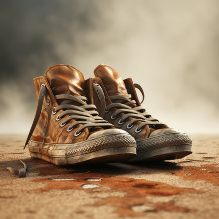 a large pair of white sneakers with a muddy surface, showcasing muted tones and a surrealistic touch. the photo, taken with a canon af35m, features dark orange and brown hues, creating a sombre atmosphere. the image is staged uniformly, emphasizing its photo-realistic quality. the irony of the muddy sneakers adds an intriguing element to the composition. ai generatedの素材