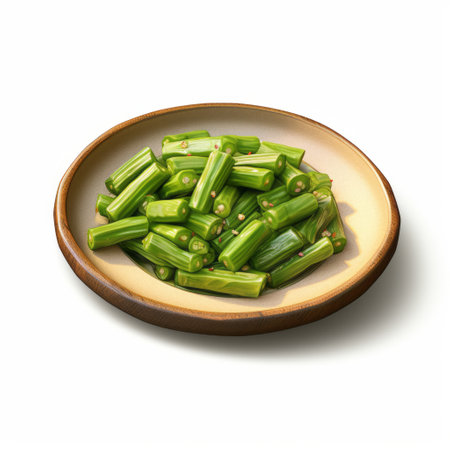 okra in a brown ceramic bowl, digitally enhanced with a hallyu-inspired, hyper-realistic oil painting style. the composition resembles the works of chuah thean teng, featuring piles and stacks of okra. the overall aesthetic is softly organic, reminiscent of ueda fumito's art. ai generatedの素材