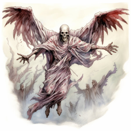 a skeletal angel, reminiscent of simon bisley's style, soars through the air with a fan held against his chest. this 2d game art-inspired image features a color palette of light purple and light crimson, creating an ethereal and ghostly atmosphere. the photograph, commissioned for twisted characters, captures the essence of this unique and captivating scene. ai generatedの素材