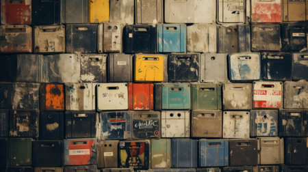 stacked old colored boxes in a punk rock aesthetic style, reminiscent of post-apocalyptic backdrops and iconic album covers. these boxes also resemble sculptures made from destroyed gadgets, creating a unique and textured look. this photo captures the essence of flickr and can be used as luxurious wall hangings. ai generatedの素材