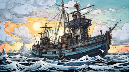a sailing ship in the ocean, depicted in the style of alice pasquini, tibor nagy, and gustave van de woestijne. this illustration showcases characteristic comic book art with meticulous attention to detail, particularly in the portrayal of industrial landscapes. the hyper-detailed rendering captures the essence of the ship's journey on the vast ocean. ai generatedの素材
