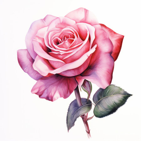 a pink rose with intricately detailed, watercolor-style leaves is depicted against a white background. the artist's realistic portrait painting style is evident in the meticulously rendered forms and monochromatic color scheme. the image showcases the artist's talent for creating hyper-realistic animal illustrations, with hints of light red and purple tones. ai generatedの素材