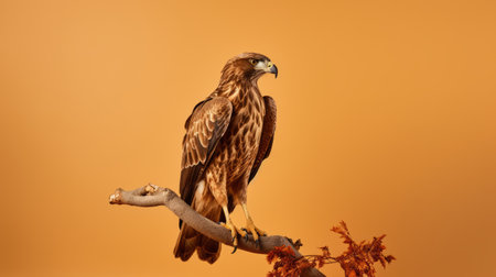 eagle perched on twig captured in a high-speed macro shot using drones. this drone photography showcases a realistic still life with dramatic lighting, featuring a dark orange and light beige color palette. the golden palette adds a touch of elegance to the image. minimal retouching was done, resulting in a fragmented advertising style. the brown tones further enhance the overall composition. ai generatedの素材