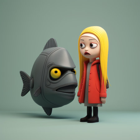 little girl with big fish, a 3d model in naive style. the somber mood contrasts with the raw versus finished elements. caricature faces and simplistic characters add a playful touch. the horror-inspired theme is evident in this unique and captivating still life. ai generatedの素材