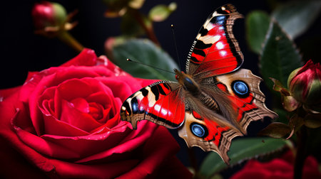 a vibrant red rose flower photo captured with a canon eos 5d mark iv, showcasing a unique style reminiscent of insects. the dynamic color schemes and photo-realistic techniques create a mesmerizing visual experience. the composition exudes a romantic scenery, while the influence of cloisonnism adds an artistic touch. this wildlife photography masterpiece is a true testament to the beauty of nature. ai generatedの素材