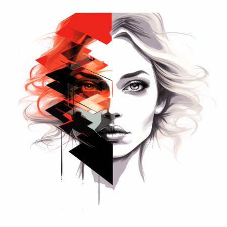 a black, white, grey, and red abstract art piece showcasing graphic design and illustration. this painting is created in the style of realistic hyper-detailed portraits, featuring fragmented icons and elements of fashion illustration. with a geometric balance and gothic illustration influences, the artwork also incorporates light orange and light cyan tones, highlighting the beauty of women. ai generatedの素材