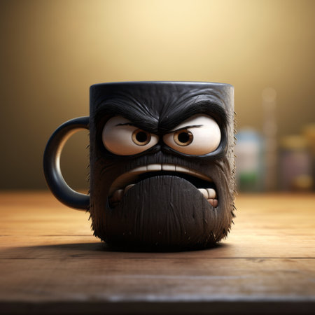 an angry mug, with a thick texture and varied brushwork techniques, sits on a table near a picture. the photo, captured in the style of vray tracing, showcases character caricatures by evgeni gordiets and caras ionut. the shallow depth of field adds depth and focus to the composition. ai generatedの素材