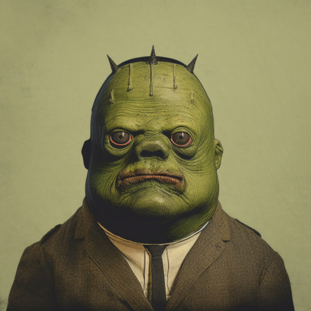 a man with green plastic skin poses for a studio portrait, channeling vintage punk and necronomicon illustrations. this humorous and unique style combines celebrity portraits with personality, embracing the emerging trend of frogcore and revived historic art forms. ai generatedの素材