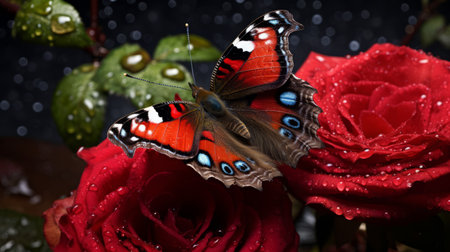 a butterfly perches delicately on a vibrant red rose, adorned with glistening water droplets. this captivating photograph showcases a fantastical and imaginative creature, reminiscent of the enchanting style of lisa parker's artwork. with its attention to detail, the image beautifully captures the texture of the butterfly's intricate fur and the rose's velvety petals. taken at night, this stunning matte photo exhibits the skillful use ofの素材