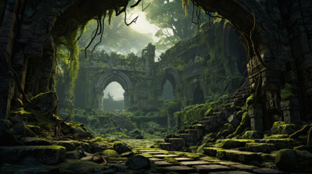 stone walkway leading into an old forest path, reminiscent of spatial concept art. the grandiose ruins and junglecore elements create a detailed world-building experience. the dark navy and green hues add depth and mystery, resembling xbox 360 graphics. this captivating scene evokes the artistic style of artus scheiner. ai generatedの素材