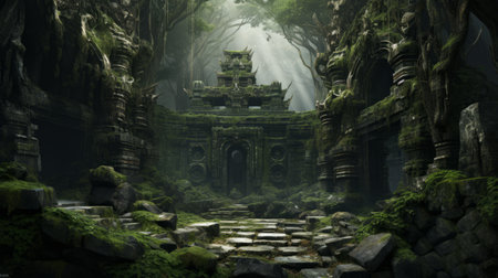 a massive stone bridge and towering statue emerge from the lush jungle, resembling mystical ruins. the scene is adorned with dark black and green hues, showcasing the intricate details of vray tracing. the architecture reflects elements of buddhist art, featuring arched doorways and grandiose environments. this hyper-realistic rendering captures the essence of a fantastical world. ai generatedの素材