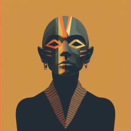 the photo features the head of an african woman against a brown ground, showcasing a retro futuristic style with dark gray and orange tones. the composition is characterized by minimalistic symmetry, drawing inspiration from absinthe culture and dayak art. the image also incorporates symmetrical balance and life-like avian illustrations. ai generatedの素材