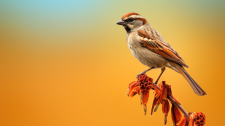 a cute little gray sparrow sits on a branch of plants against a vibrant blue background. the image, captured by caras ionut, features a color palette of dark red and light orange. this high-resolution uhd photo showcases the beauty of nature with its dark amber and light amber tones. the composition represents the harmonious connection between birds and flowers, creating a visually stunning scene. aiの素材
