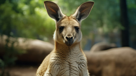 a close-up photo of a kangaroo showcases its strong facial expression. with uncanny valley realism, the dark beige and light amber tones add depth to the image. captured using a nikon af600 camera, this daz3d-rendered photo by the associated press highlights the common yet captivating presence of kangaroos. ai generatedの素材