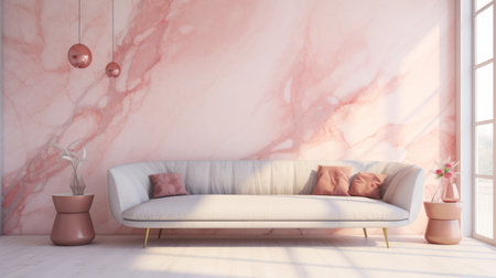pink marble wall in a living room featuring a white fireplace and vibrant red chairs. the room exudes a realistic yet romantic ambiance, with a touch of fanciful and dreamlike imagery. flowing fabrics and feminine elements add to the overall aesthetic. the space is characterized by a flat, comfycore style. ai generatedの素材