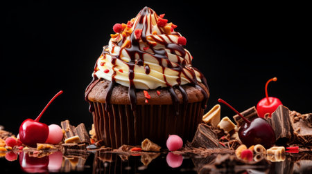 a chocolate cupcake topped with a cherry, drizzled with chocolate sauce, and dusted with chocolate powder. this stock image from istockphoto features a black background, bold and colorful design. the contemporary candy-coated style is enhanced by the large-scale presentation. the image is in high definition, showcasing dark orange and gold tones. the fragmented composition adds visual interest, while the bold colors and patterns make itの素材