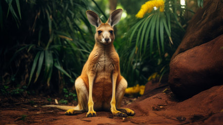 a kangaroo in the bush, captured in a hyper-realistic style with post-processing techniques. this free stock photo showcases a satirical twist on wildlife art, featuring a full-body shot of the kangaroo. the image is available for download in uhd resolution, with vibrant yellow and emerald tones. perfect for high-resolution projects, this 8k image is a stunning representation of nature's beauty. ai generatedの素材
