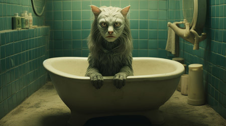 bathroom with cat in bathtub, featuring experimental cinematography and rendered in maya. the image showcases soggy and inventive character designs, with masterful shading. this uhd photo captures a gray-toned scene, highlighting the unique atmosphere of the bathroom and the presence of the curious cat. ai generatedの素材