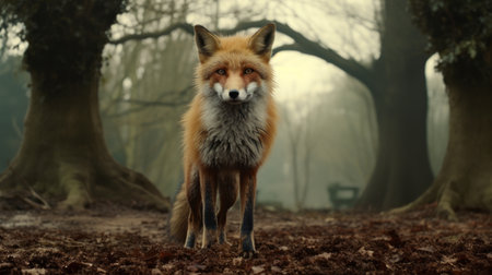 a fox in the woods, surrounded by tall trees and misty atmosphere, is captured in a photorealistic style. the light red and amber hues add a touch of warmth to the scene, reminiscent of the dutch golden age. this close-up shot by sacha goldberger creates an urban fairy tale ambiance. ai generatedの素材