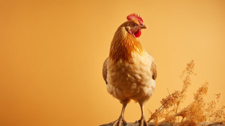 a chicken perches on a wooden trunk, showcasing a golden-hued, minimalist background. the softbox lighting enhances the scene, reminiscent of the artistic styles of charles spencelayh and chen zhen. the dynamic color scheme features light red and yellow tones, creating a visually captivating image. ai generatedの素材