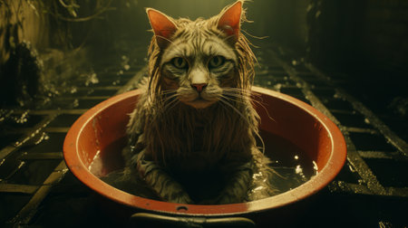 a cat is seen bathing in a red tub, surrounded by a dark and drained environment. the photograph is inspired by the styles of george lucas, sacha goldberger, and fernand toussaint. the image captures a close-up of the cat, with a dark yellow and green color palette. the overall atmosphere is soggy and reminiscent of cinestill 50d film. ai generatedの素材