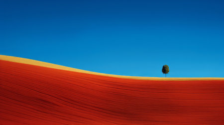 a tall figure stands on the edge of a red hill, showcasing the color field minimalism style. this uhd image captures the essence of the dusseldorf school of photography, with its blue and amber hues. the 8k resolution allows for a detailed view of the romantic scenery, featuring rectangular fields. ai generatedの素材