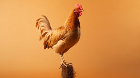 an orange rooster perched on a log, captured in a studio photography style. the light amber and beige tones enhance the visual appeal of this national geographic photo. with a consumer culture critique in mind, the image portrays a relatable personality while being nonrepresentational. the photo also highlights the extreme gendered characteristics of the rooster. ai generatedの素材